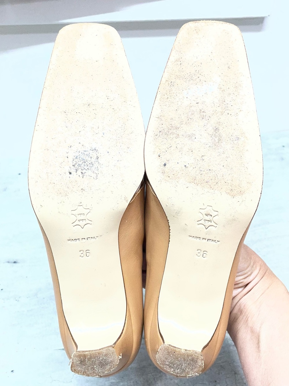 Petrini Leather Canvas Pumps Womens 36 Tan Cream Geometric Square Toe Italy Good - Picture 9 of 9